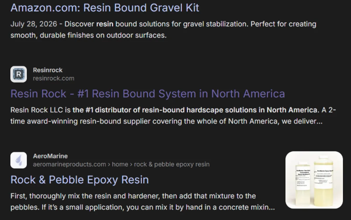 Search results for resin bound products, with resinrock.com listed on the first page between Amazon and AeroMarine